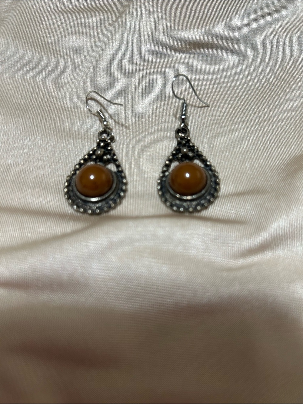 Amber Stone Teardrop Dangle Earrings - Brown and Silver
